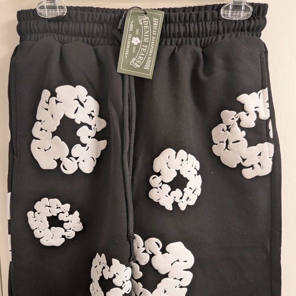 Denim Tears  Flower Black Joggers with White Floral Pattern